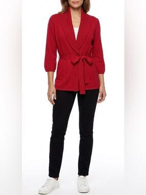 ALFANI Petite Shawl Collar Tie-Front Cardigan Red Cotton-Blend Size S